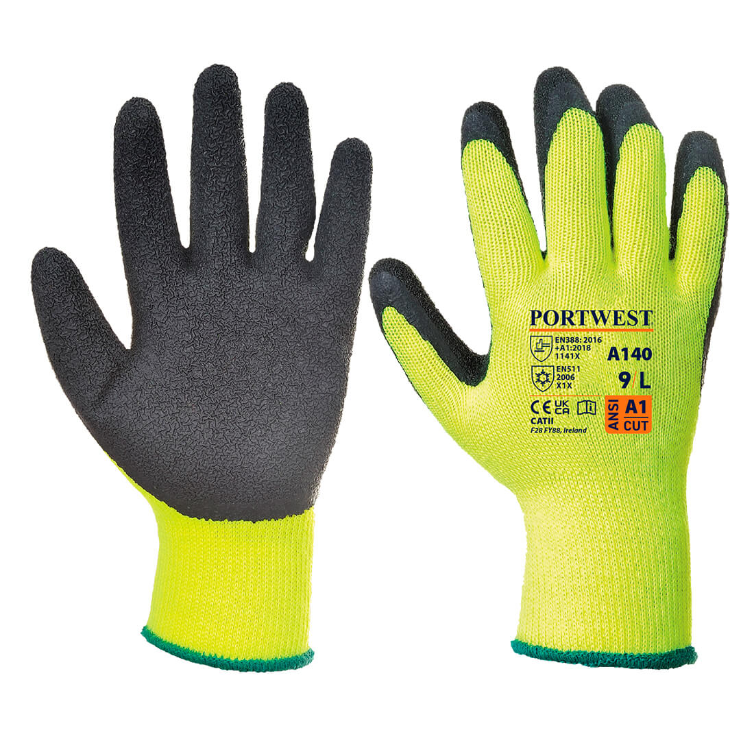 A140 Portwest® Hi-Vis Yellow Latex Coated A1 Grippy Cold Condition Work Gloves
